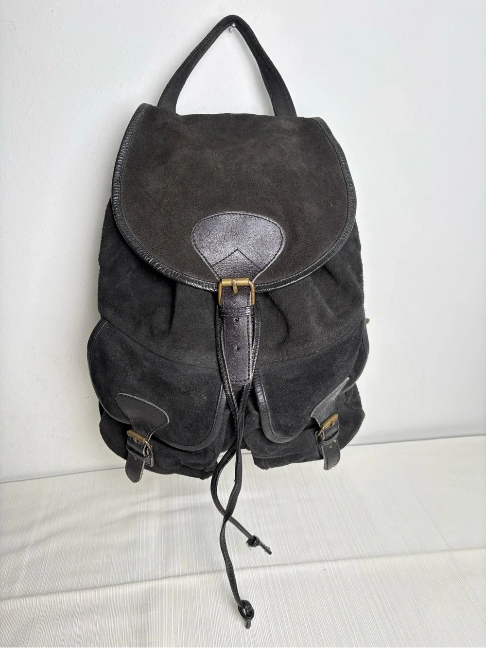 Vintage Handmade in Pakistan Genuine Suede Leather Buckle Drawstring Backpack